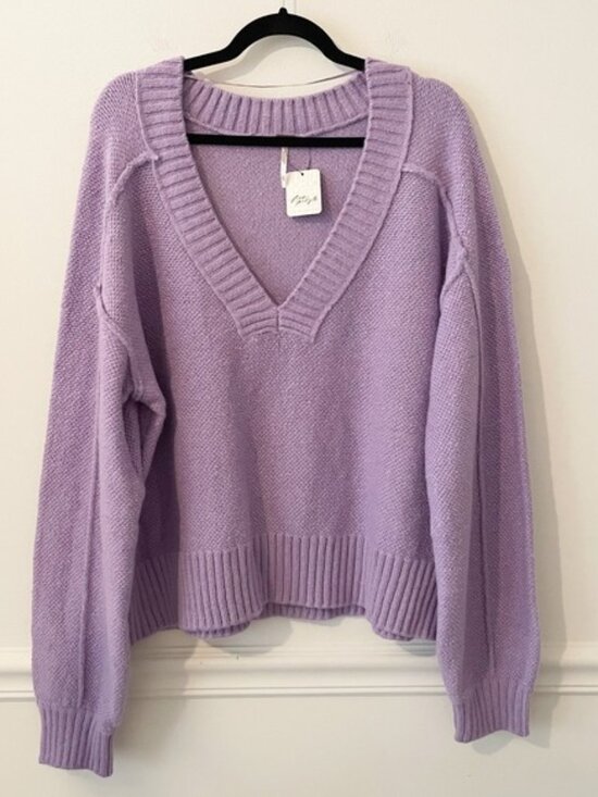 NEW Free People Rhea V Neck Knit Pullover Purple Size XL Wool Blend Slouchy Cozy - Picture 1 of 7